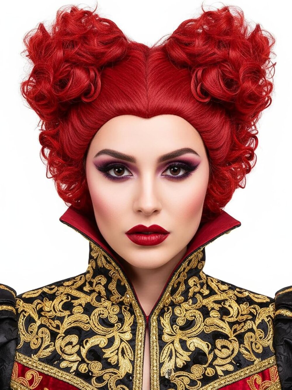 Red Queen Wig for Women Two Buns Heat Resistant Synthetic Hair